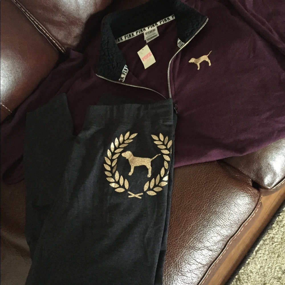 VS PINK Half Zip and leggings.